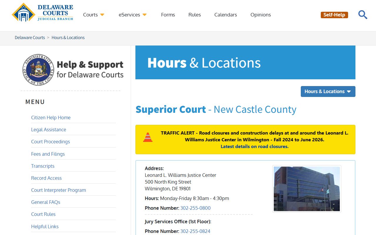 Wilmington Superior Court civil court records page