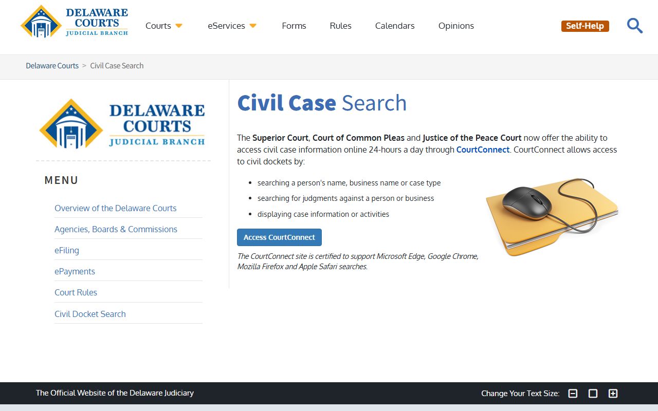 Delaware civil case search page for civil court records